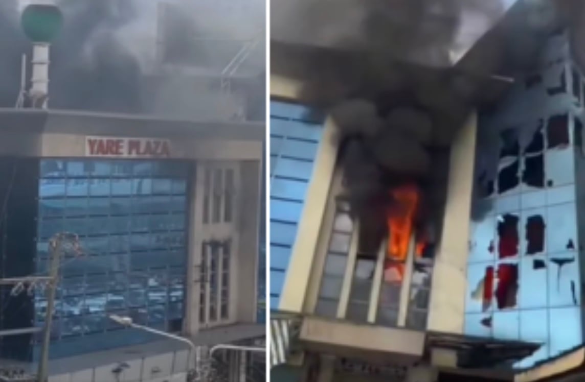 A photo collage of Yara Plaza engulfed in flames